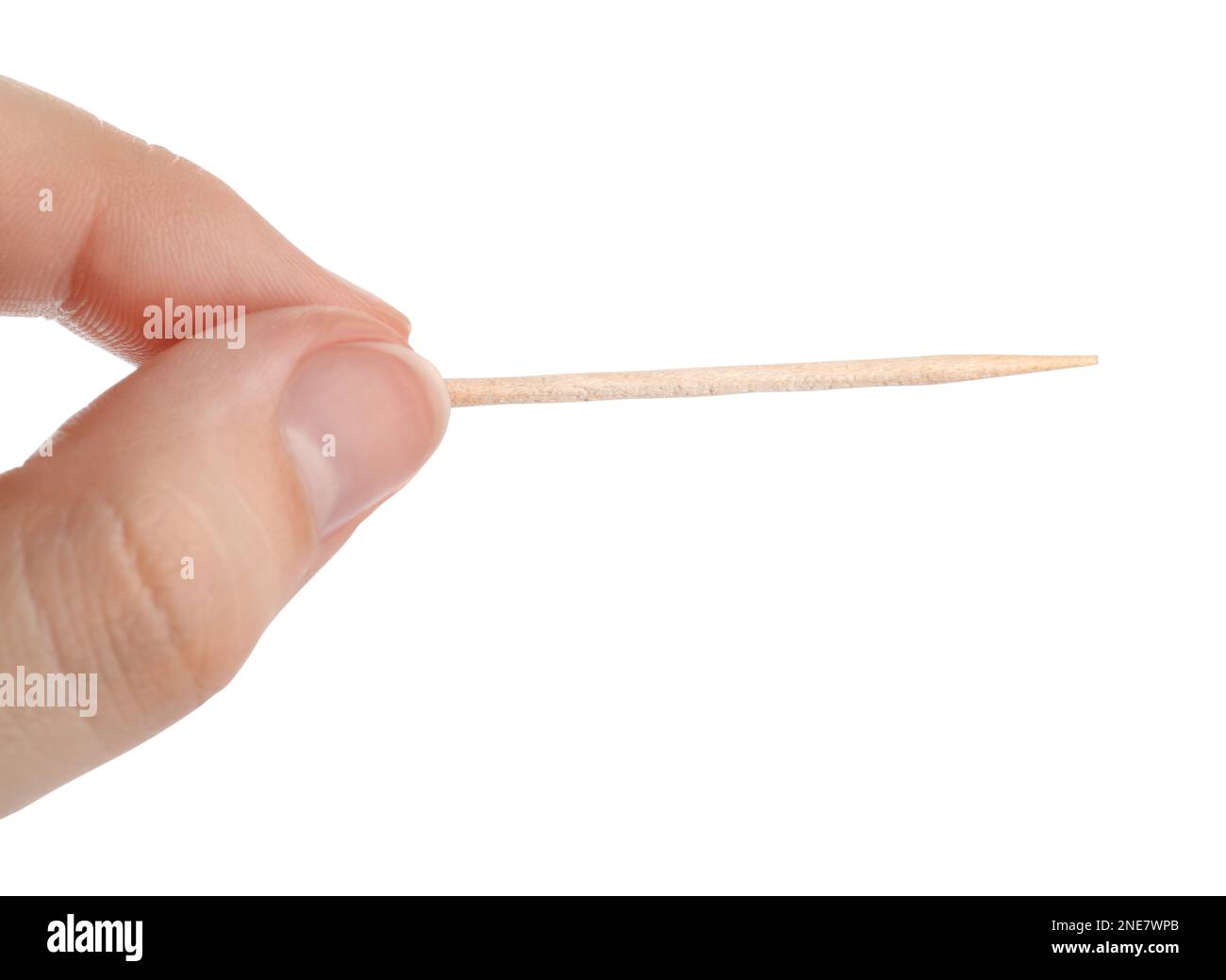 Woman with wooden toothpick on white background, closeup Stock Photo ...