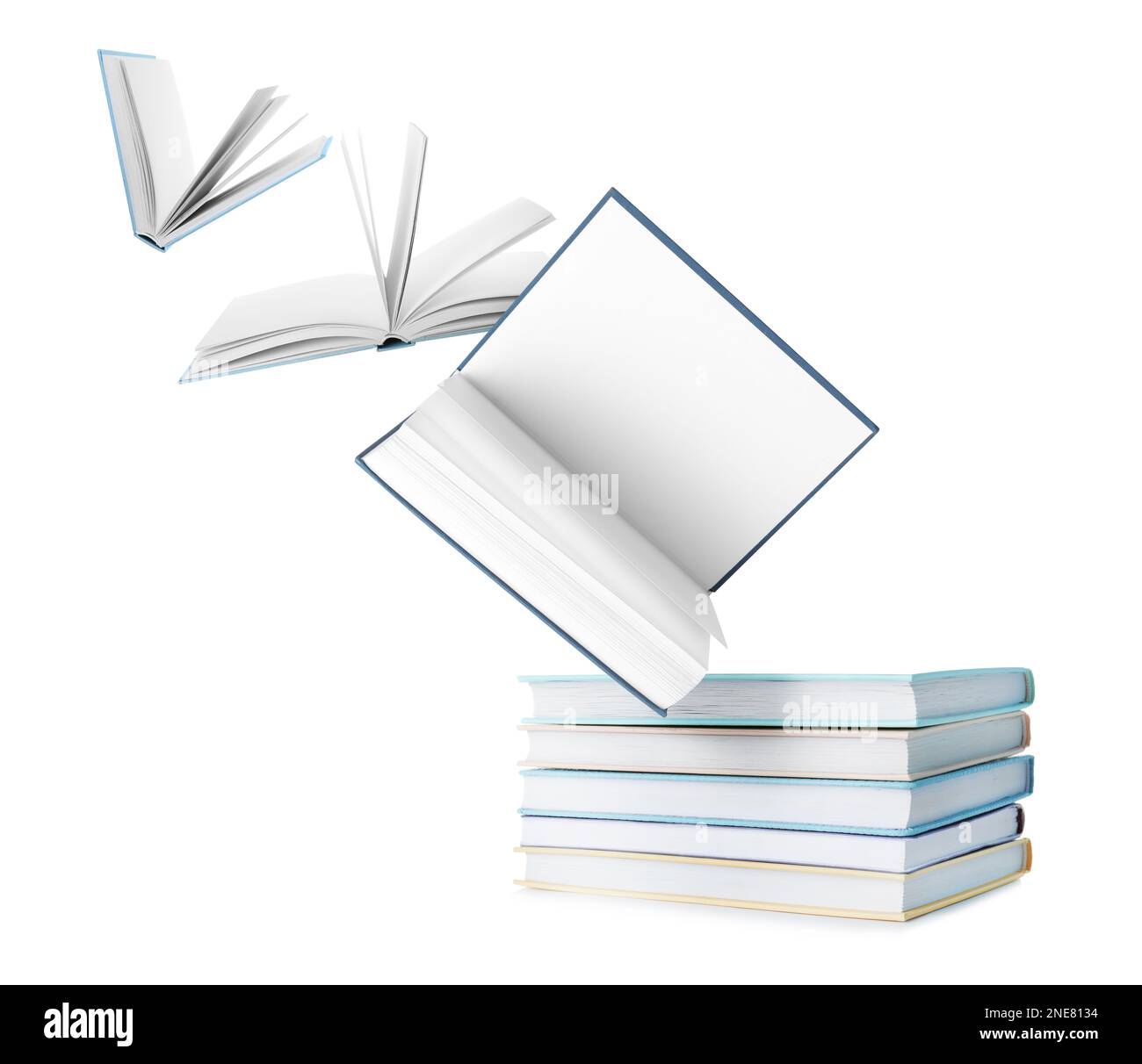 Stacked and flying books on white background, collage Stock Photo