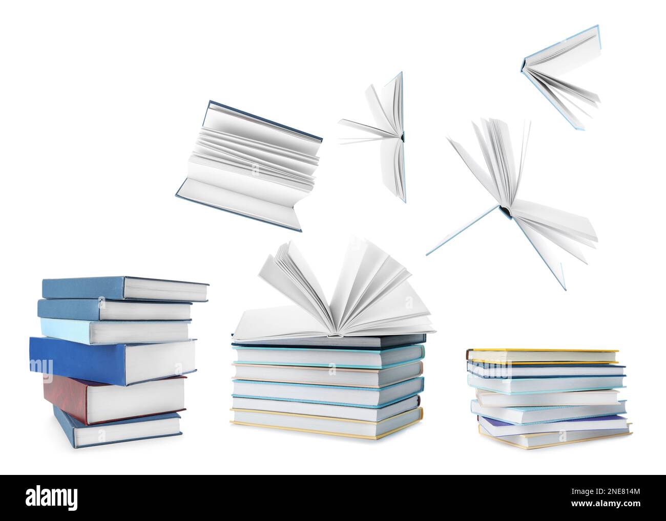 Stacked and flying books on white background, collage Stock Photo