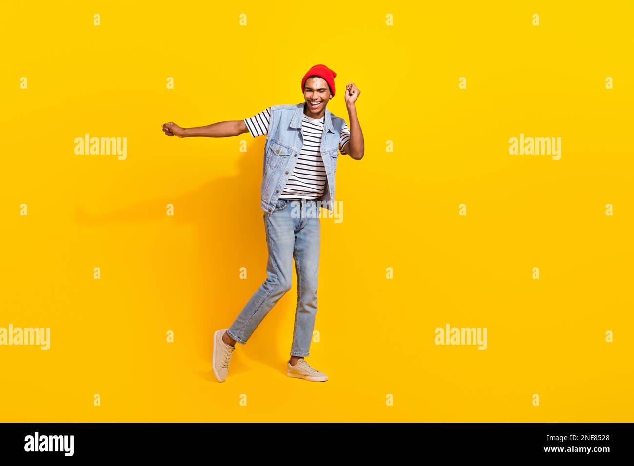 Full body photo of cheerful overjoyed person enjoy chilling dancing ...