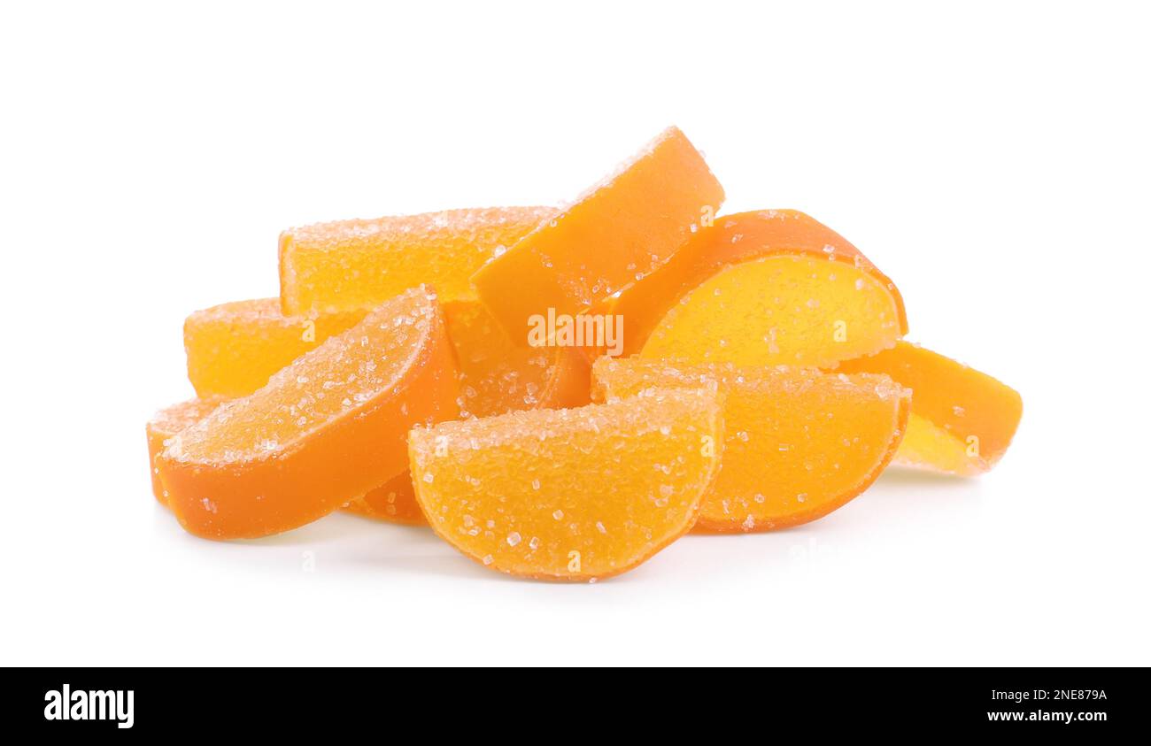 Sweet orange jelly candies on white background Stock Photo Alamy