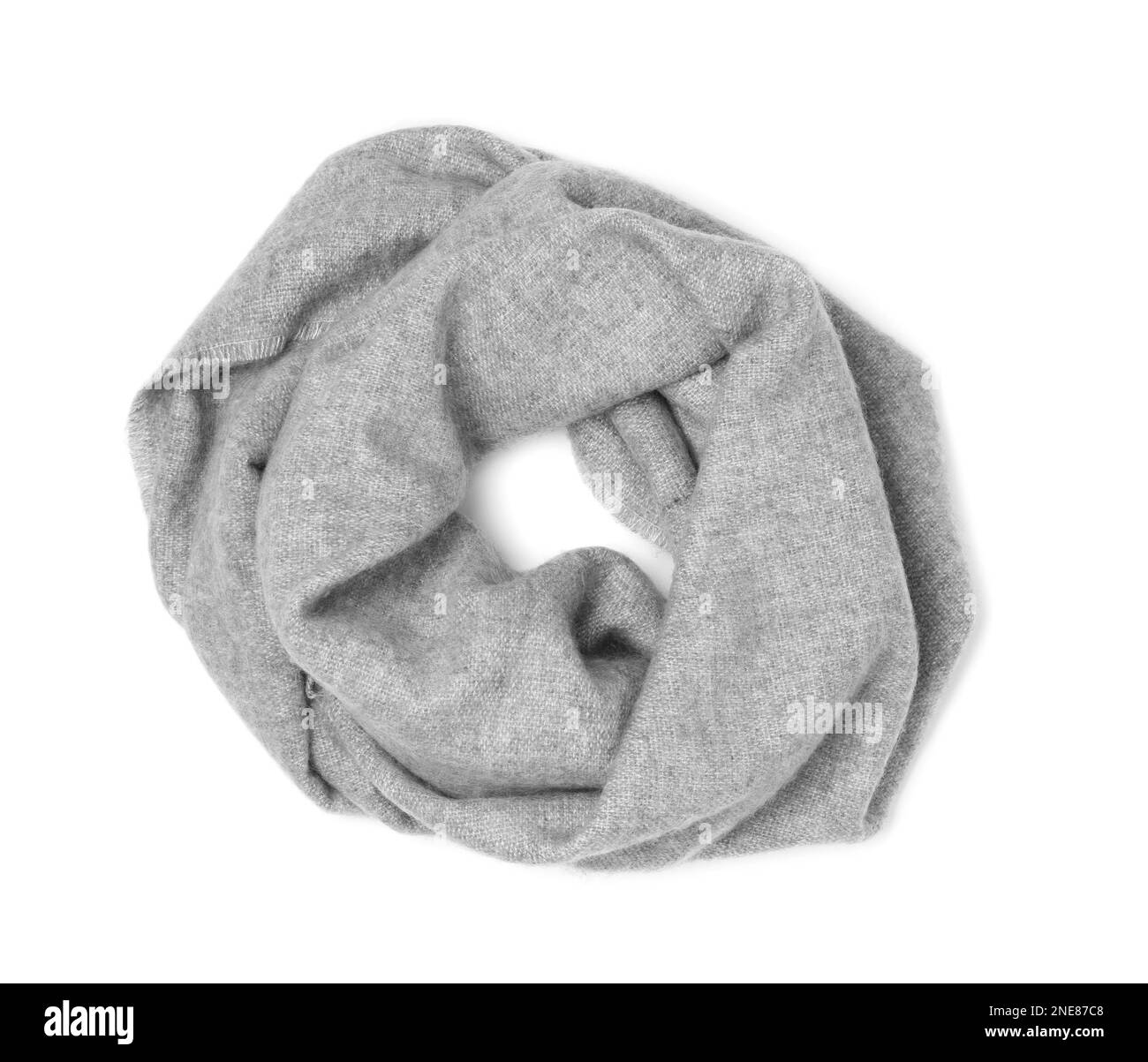 Stylish grey cashmere scarf isolated on white, top view Stock Photo