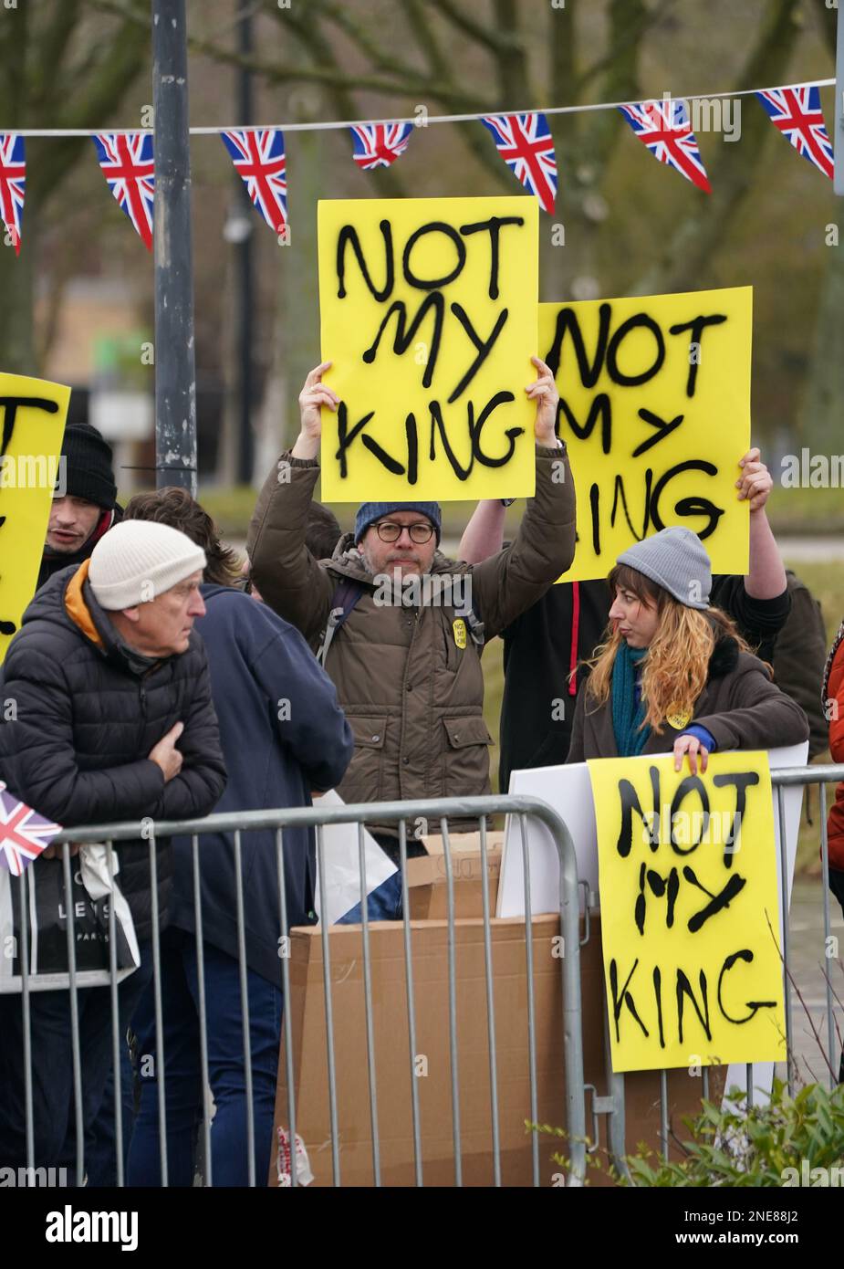 Protestors outside Church of Christ the Cornerstone ahead of a visit by