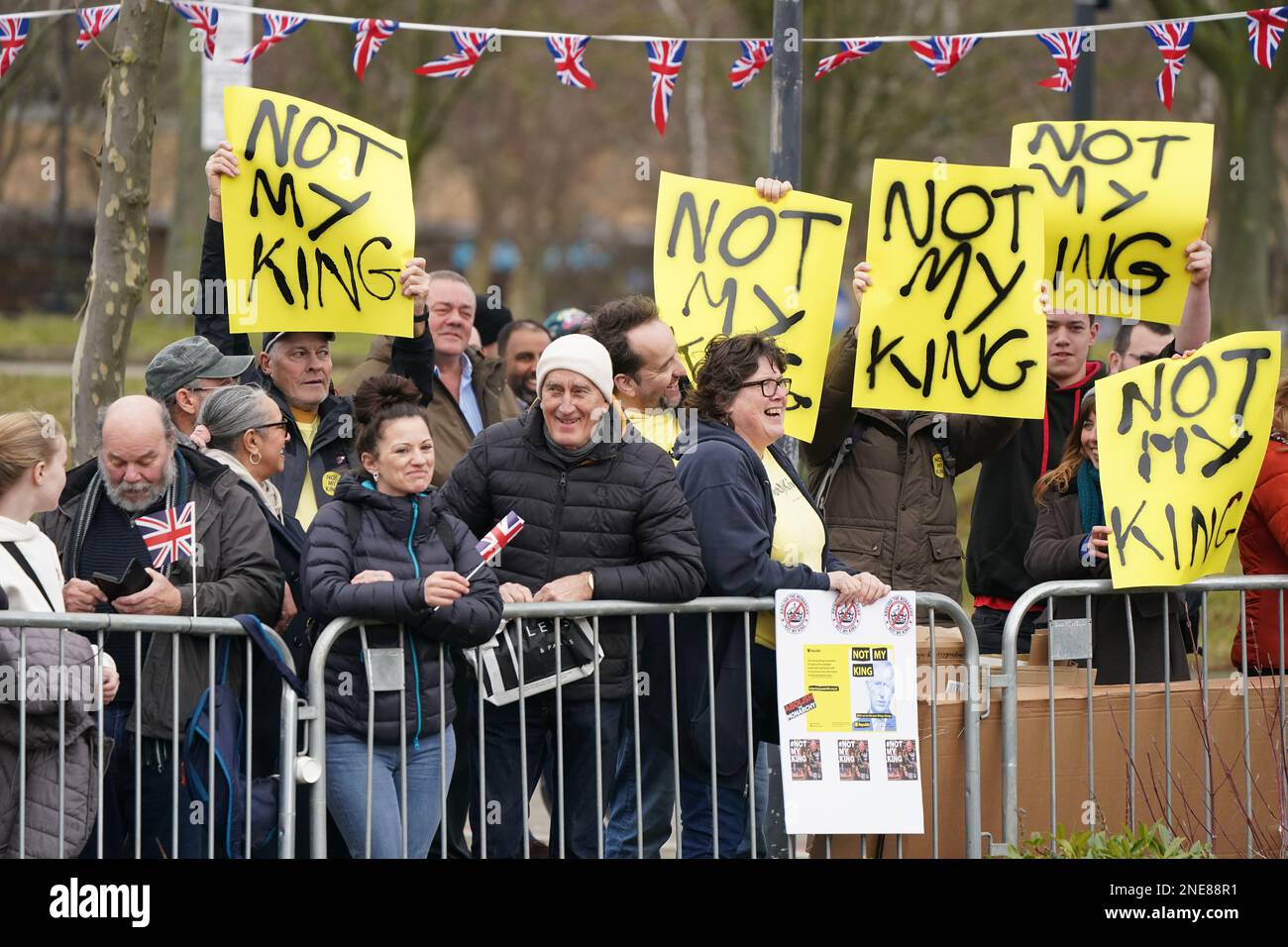 Protestors outside Church of Christ the Cornerstone ahead of a visit by