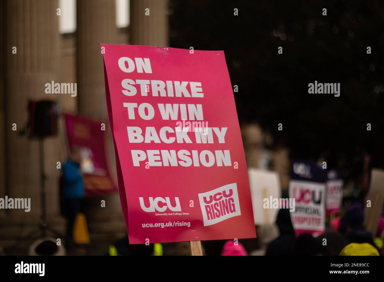 Bristol, UK, 16th February 2023. Union of Colleges and Universities rally outside the Victoria Rooms in Clifton, Bristol. Stock Photo