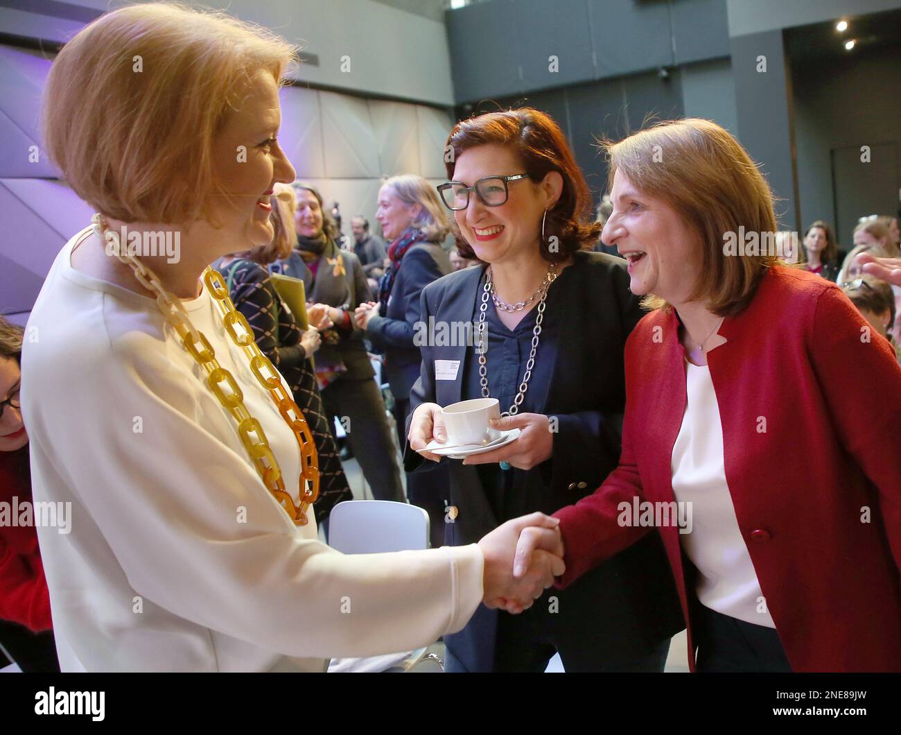 Berlin, Germany. 16th Feb, 2023. Lisa Paus (Bündnis 90/Die Grünen, l-r), Federal Minister for Family Affairs, Senior Citizens, Women and Youth, Ferda Ataman, Federal Commissioner for Anti-Discrimination, and Astrid Aupperle, Head of Social Engagement at Microsoft, take part in a launch event for the 'Together against Sexism' alliance in the Microsoft Atrium. Credit: Wolfgang Kumm/dpa/Alamy Live News Stock Photo