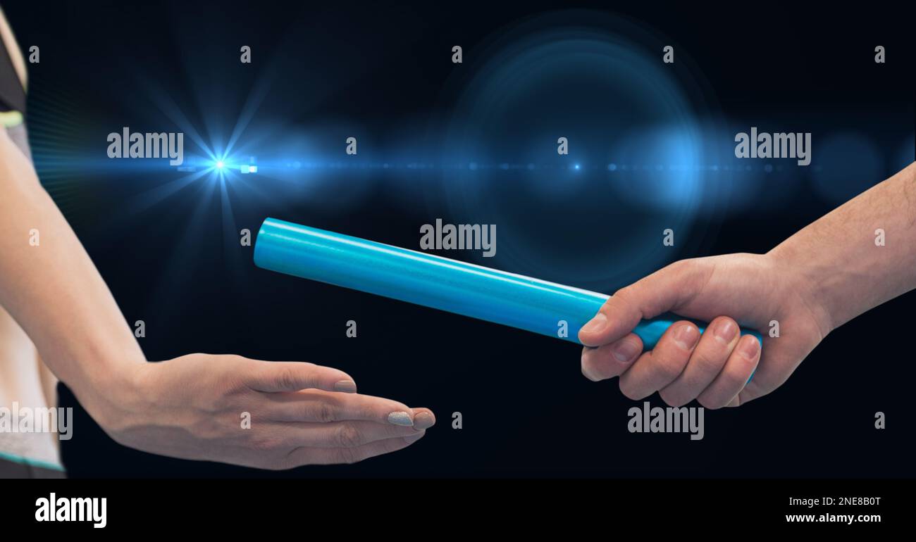 Composition of caucasian athletes passing green relay baton over black background Stock Photo