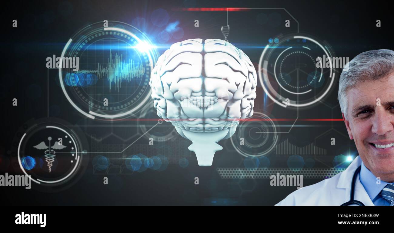Composition of male doctor over virtual screen with medical icons Stock ...