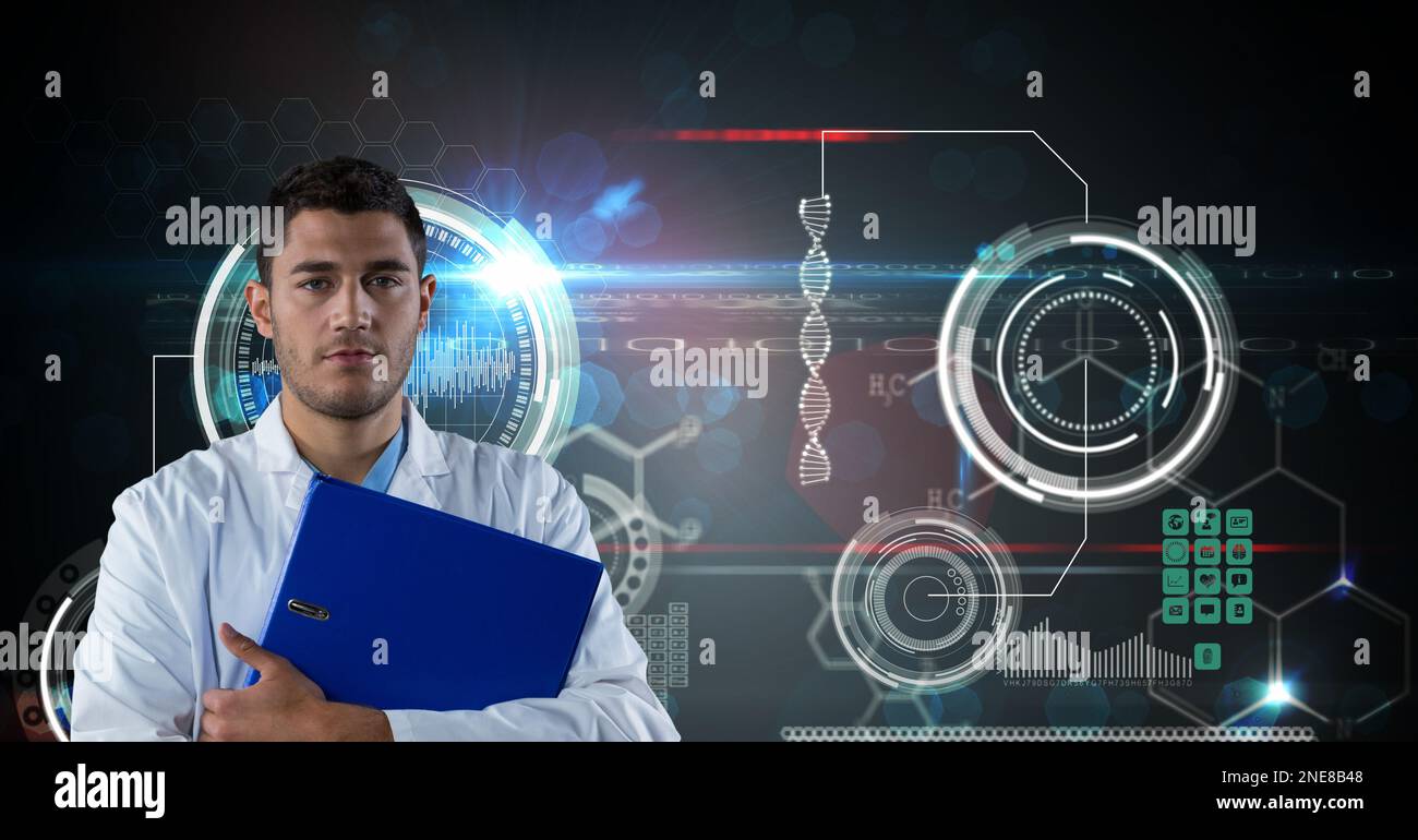 Composition on male doctor over screen with medical data processing ...