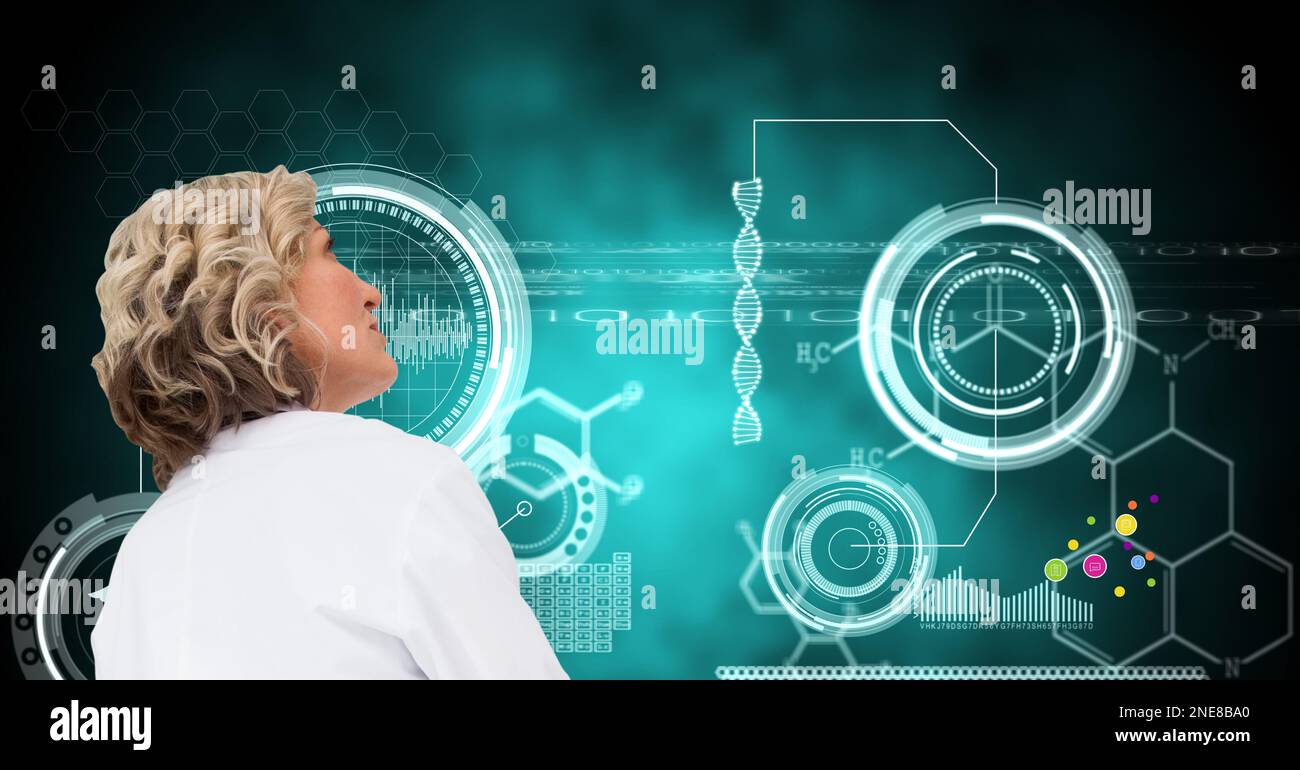 Composition on female doctor over screen with medical data processing Stock Photo