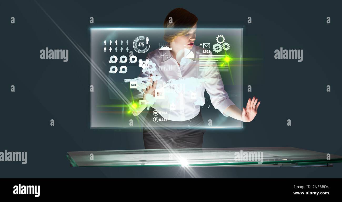Composition of caucasian businesswoman touching screen with data processing Stock Photo
