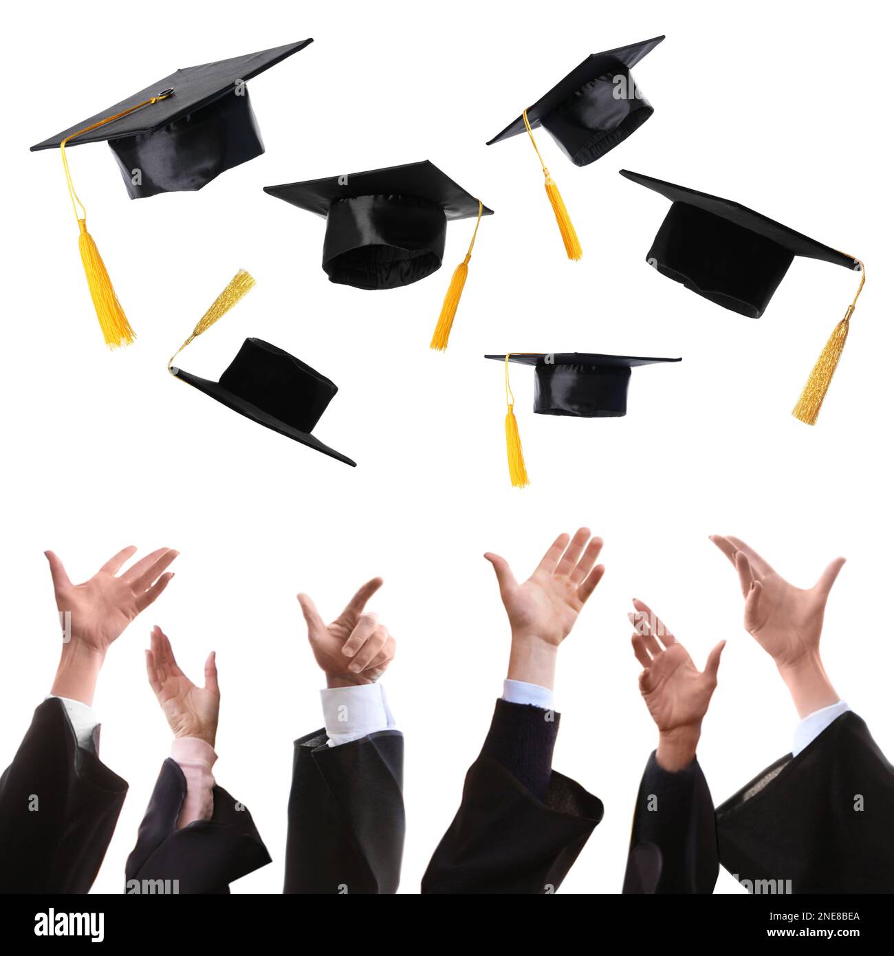 Group of graduates throwing hats against white background, closeup