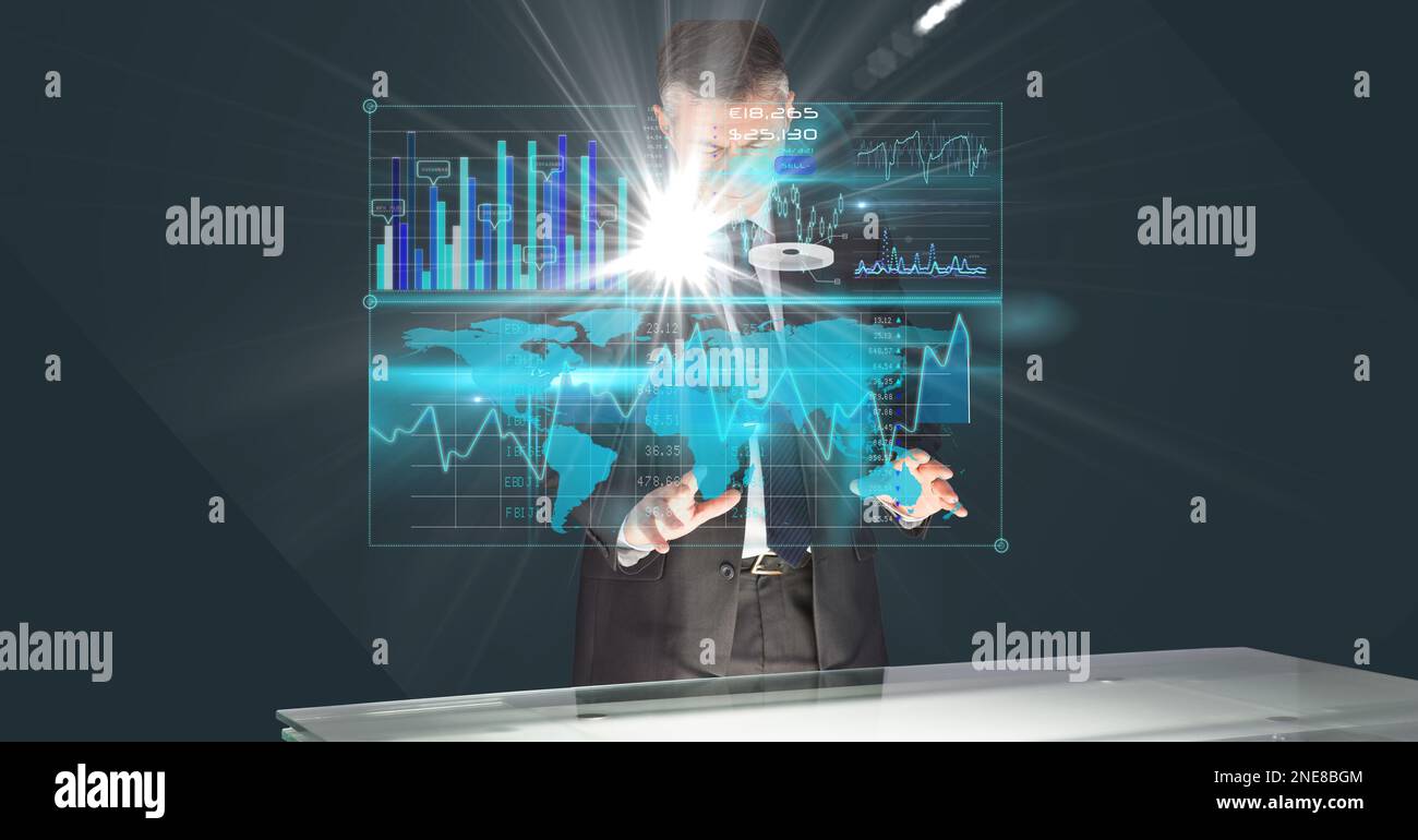 Composition of caucasian businessman touching screen with data processing Stock Photo
