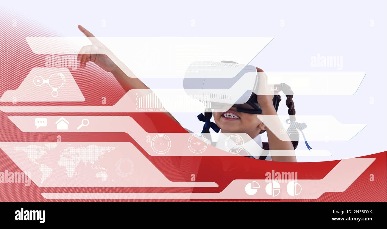 Data processing over school girl wearing vr headset against red technology background Stock Photo