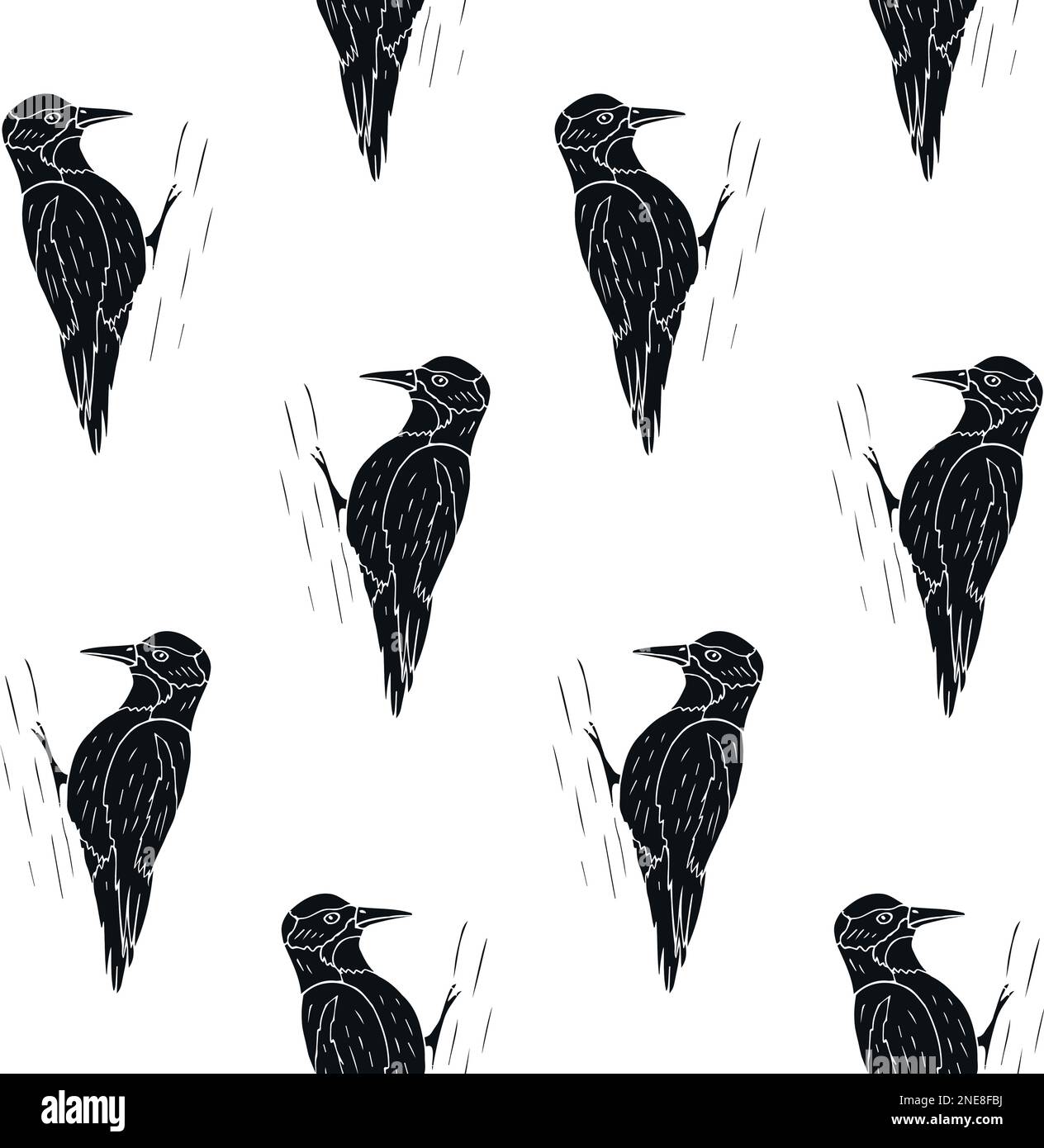 Vector seamless pattern of hand drawn colored woodpecker bird isolated on white background Stock Vector