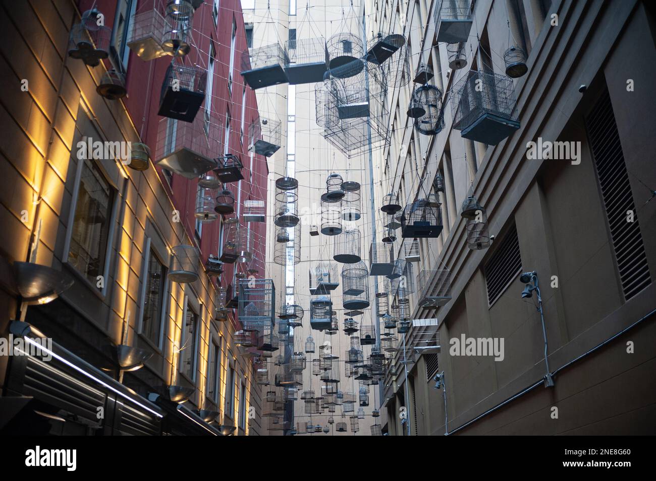 21.09.2019, Sydney, New South Wales, Australia - Art installation 'Forgotten Songs' in Angel Place of hanging birdcages commemorates former habitat. Stock Photo