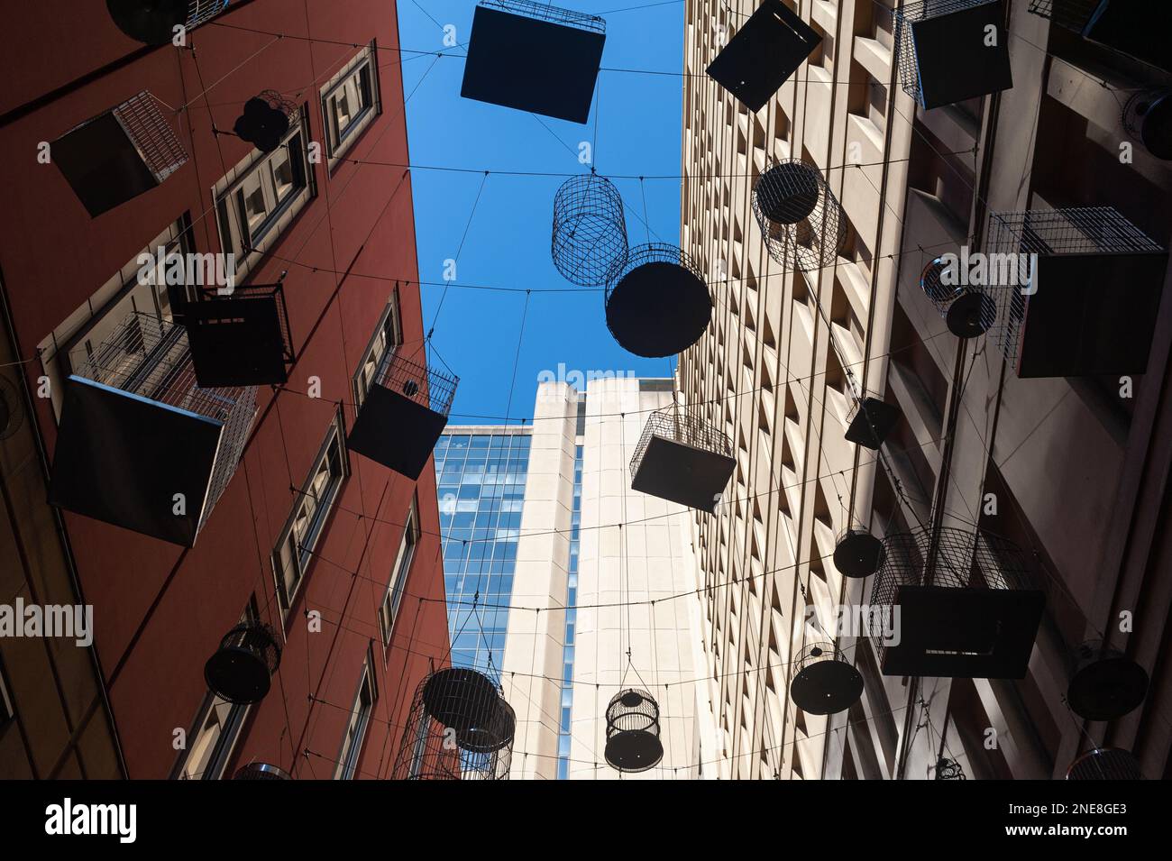 22.09.2019, Sydney, New South Wales, Australia - Art installation 'Forgotten Songs' in Angel Place of hanging birdcages commemorates former habitat. Stock Photo