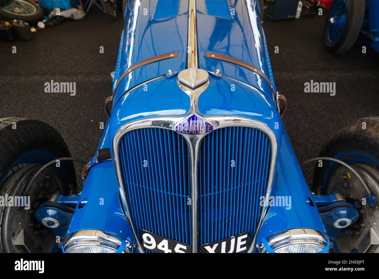A 1930s Delahaye racing car in the paddock competing in the Varzi Trophy, 79th Members' Meeting, Goodwood motor racing circuit, Chichester, Sussex, UK Stock Photo