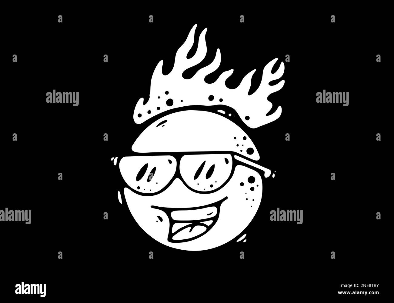 ball character wearing a glasses with fire flame illustration in white color Stock Vector