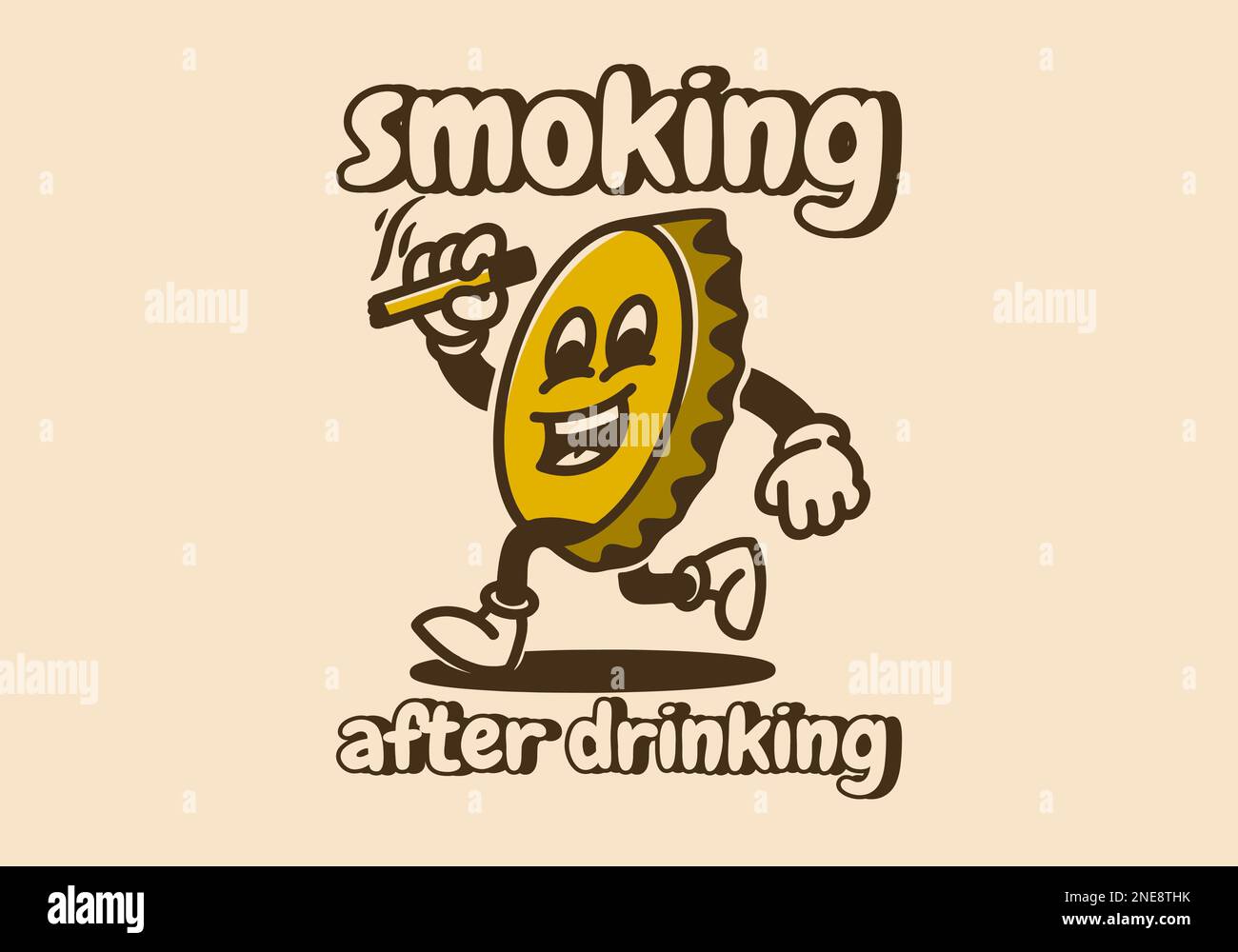 bottle cap character holding a cigarette illustration design Stock Vector