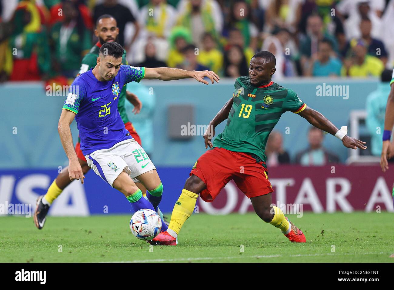 LUSAIL CITY, QATAR - DECEMBER 02: Gabriel Martinelli, Collins Fai  during the FIFA World Cup Qatar 2022 Group G match between Cameroon and Brazil at Lusail Stadium on December 02, 2022 in Lusail City, Qatar. (Photo by MB Media) Stock Photo