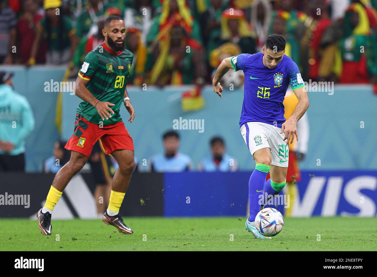 LUSAIL CITY, QATAR - DECEMBER 02: Gabriel Martinelli, Bryan Mbeumo  during the FIFA World Cup Qatar 2022 Group G match between Cameroon and Brazil at Lusail Stadium on December 02, 2022 in Lusail City, Qatar. (Photo by MB Media) Stock Photo