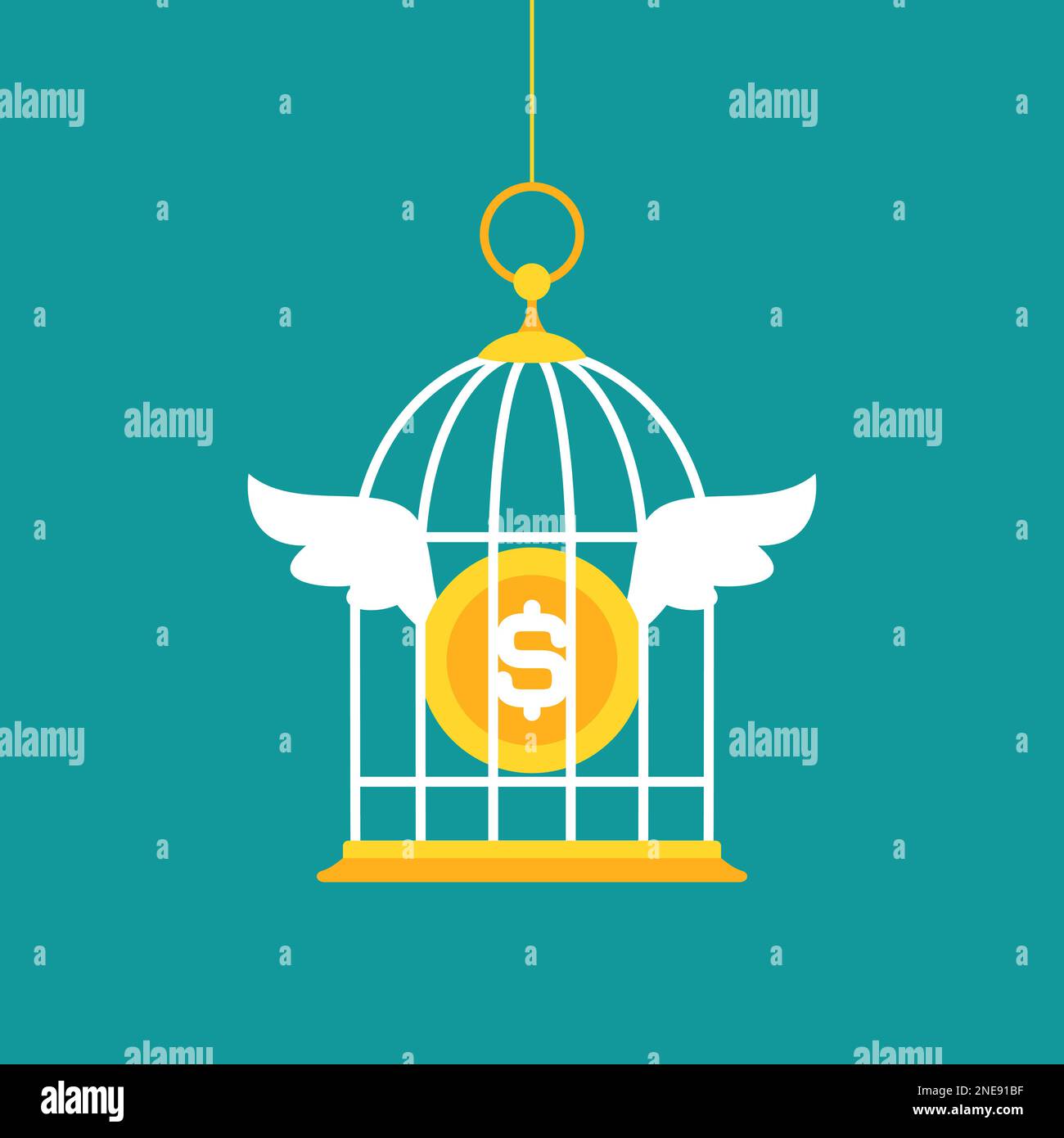 Locked golden bird cage and golden dollar coin with wings. Trap