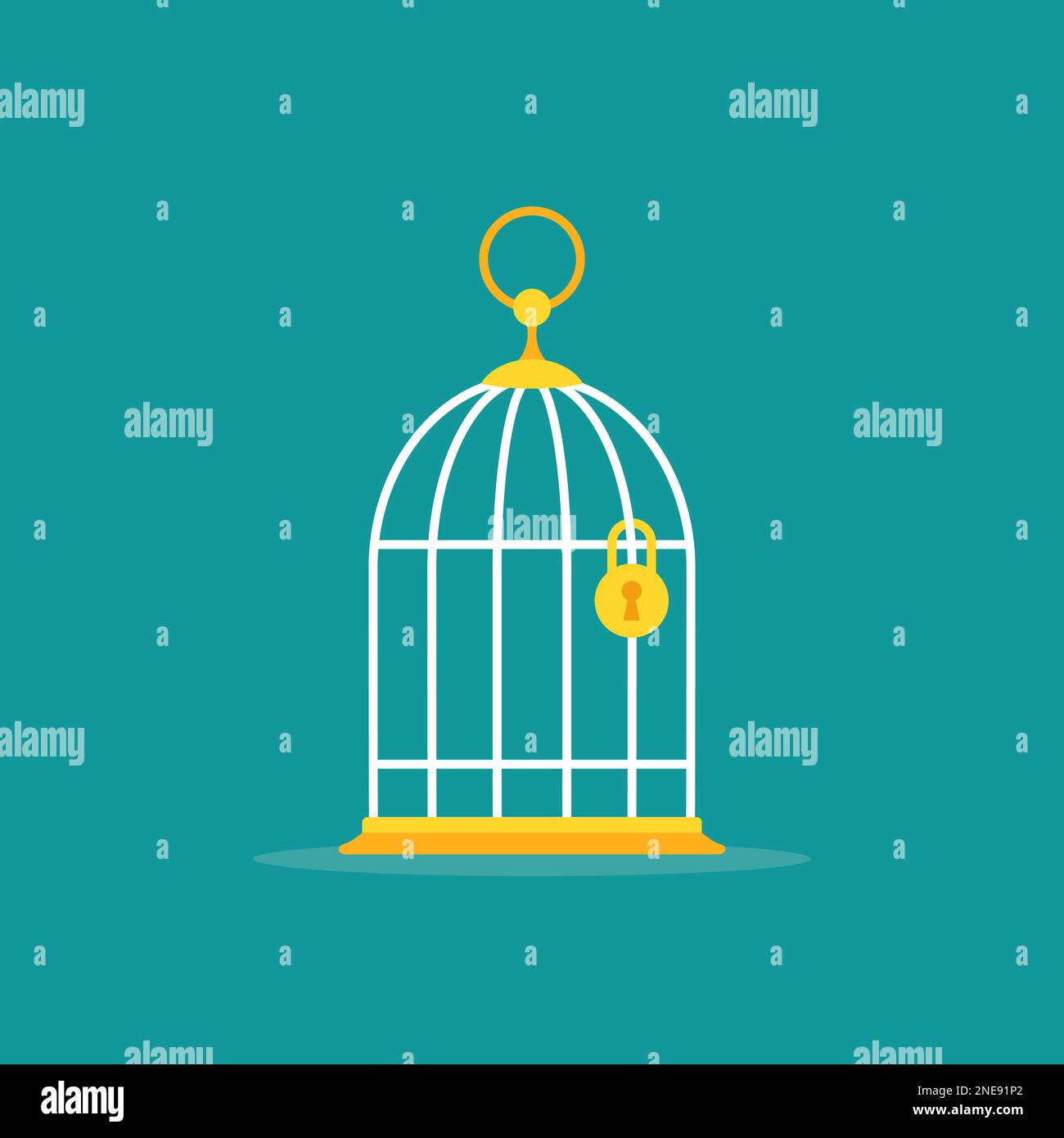 Locked golden bird cage with golden lock icon. Trap, imprisonment, jail ...