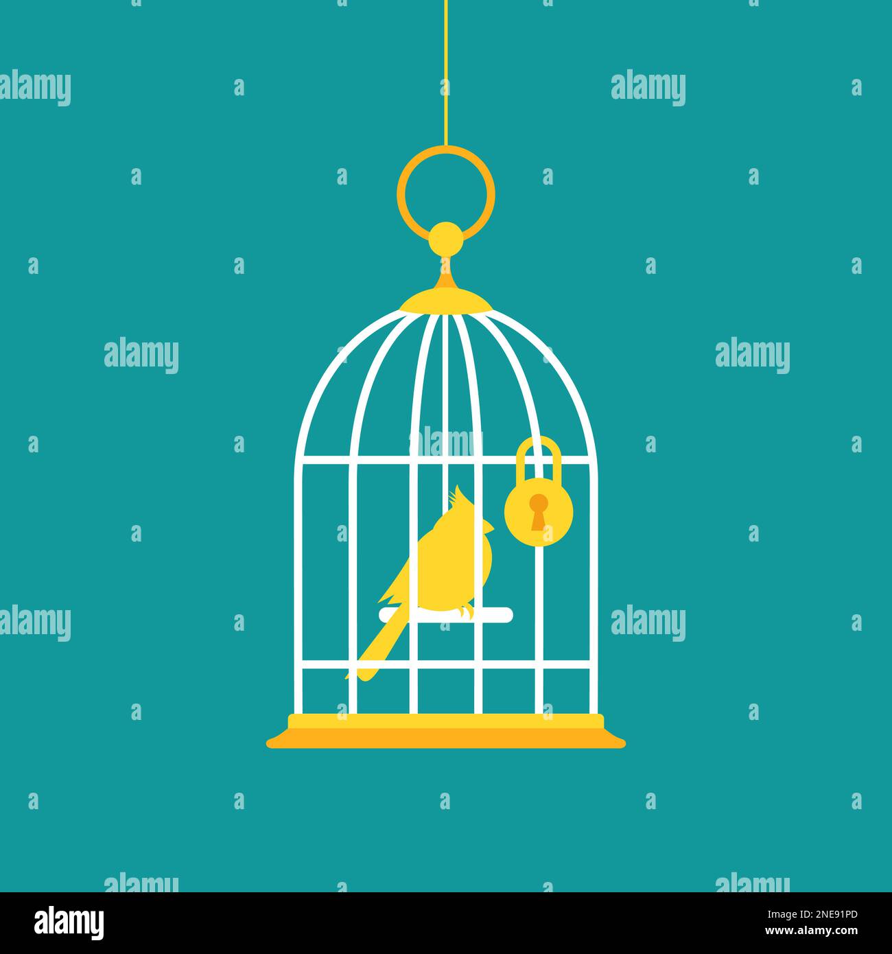 Locked golden bird cage with golden bird inside. Trap, imprisonment ...