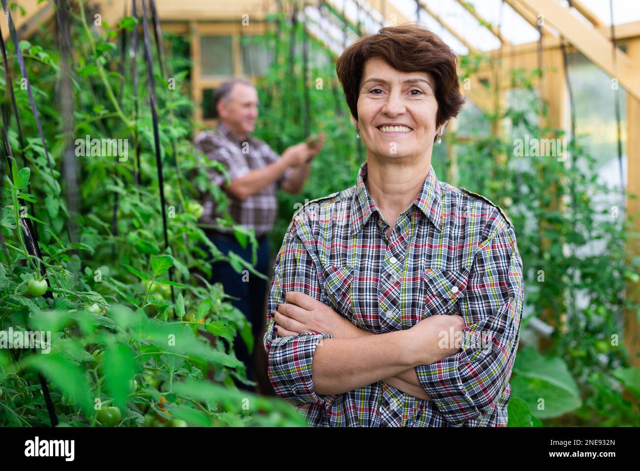 Portrait of happy elderly woman posing in the greenhouse Stock Photo ...