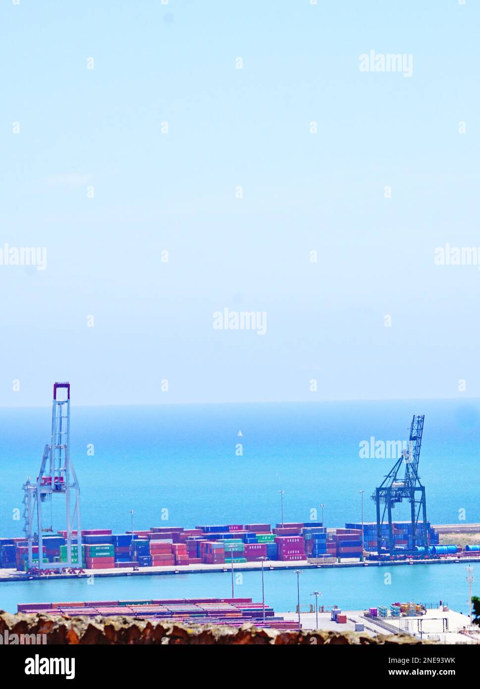 Containers and cranes in the industrial area of the port of Barcelona, Catalunya, Spain, Europe Stock Photo