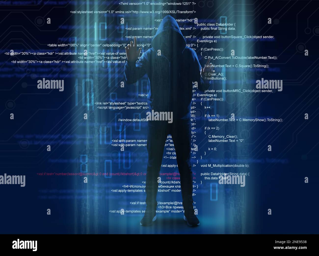 Man in hood and digital code on dark background. Cyber attack concept ...