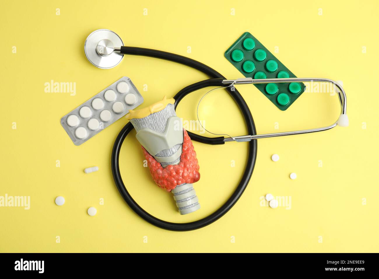 Plastic model of thyroid with tumor, pills and stethoscope on yellow background, flat lay Stock Photo