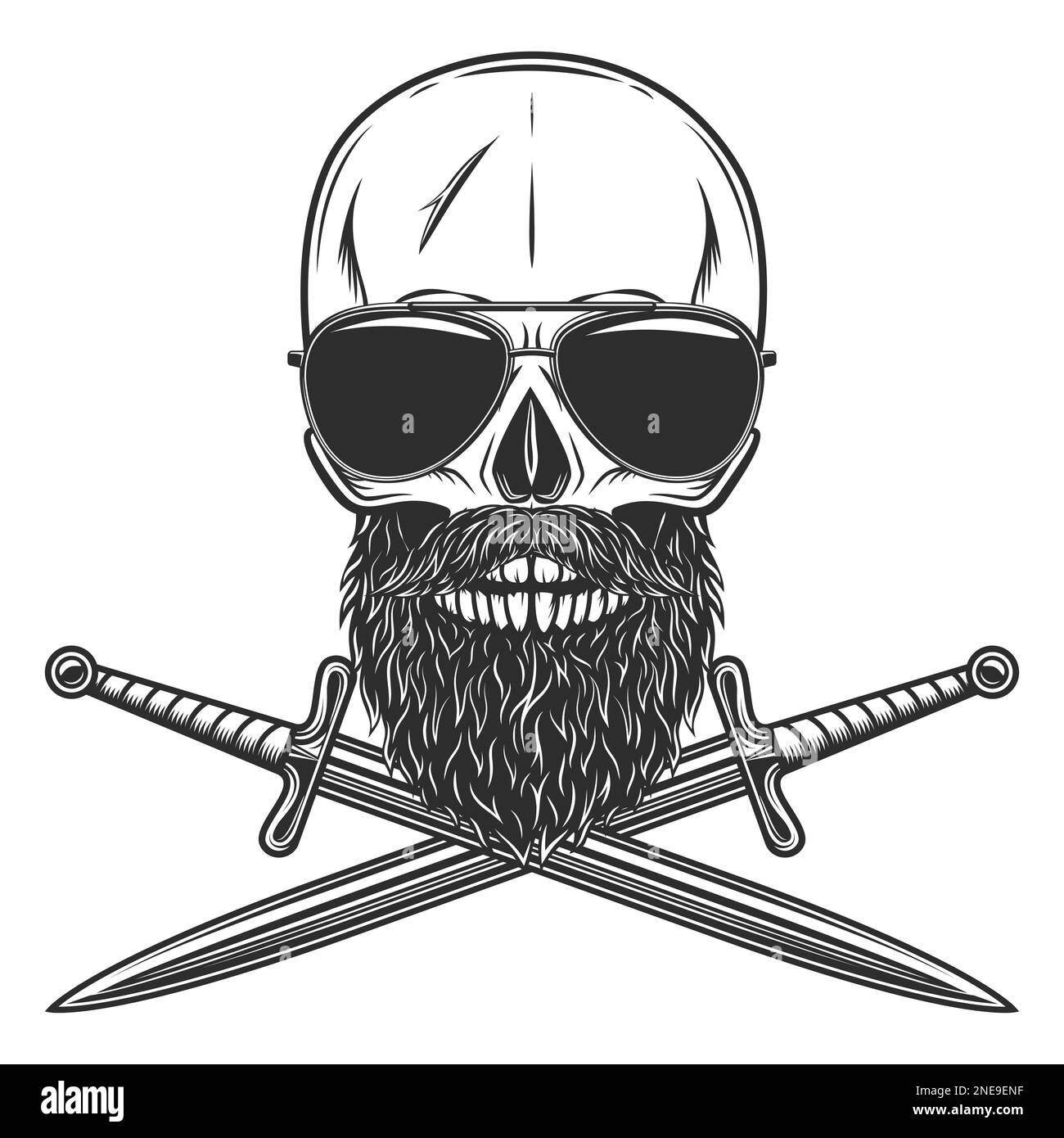 Skull in sunglasses with mustache and beard and crossed sword Isolated on white background monochrome illustration Stock Photo