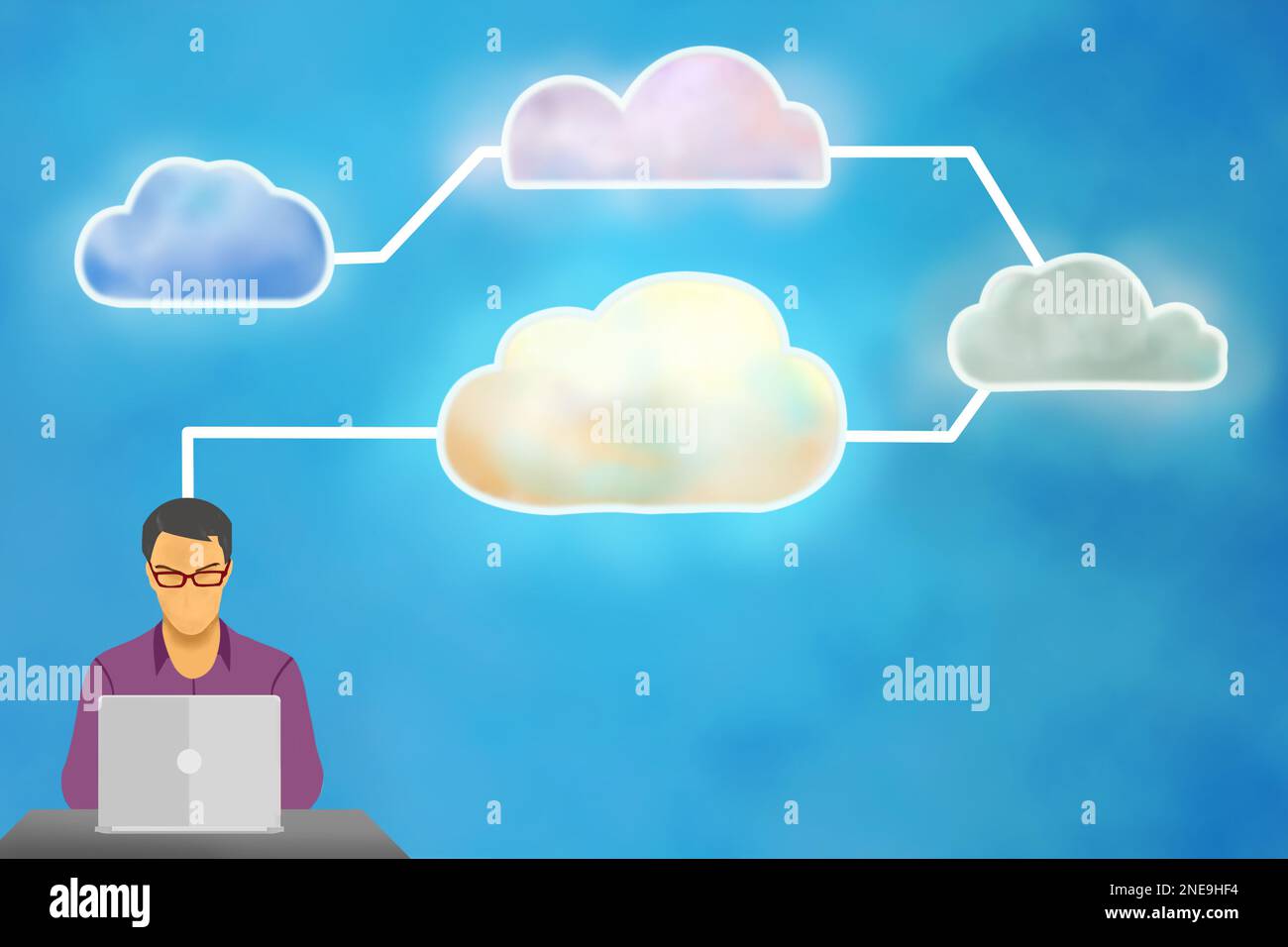 Concept illustration of software developer working with cloud platform Stock Photo