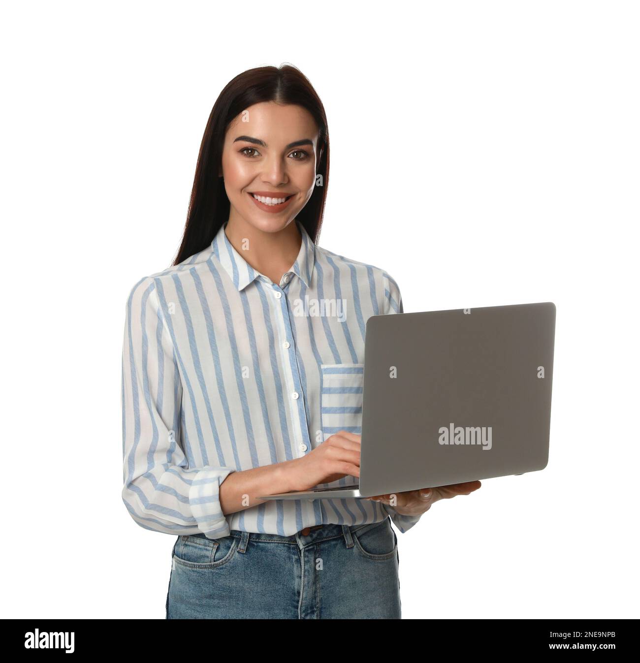 Young woman with modern laptop on white background Stock Photo - Alamy