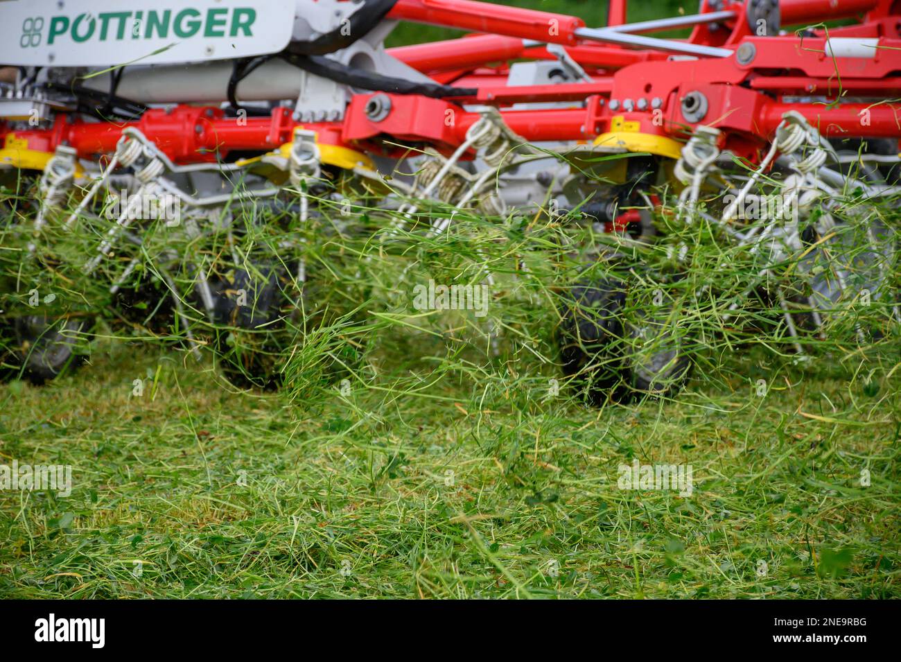 Farm machine spreading out grass after mowing to wilt it before
