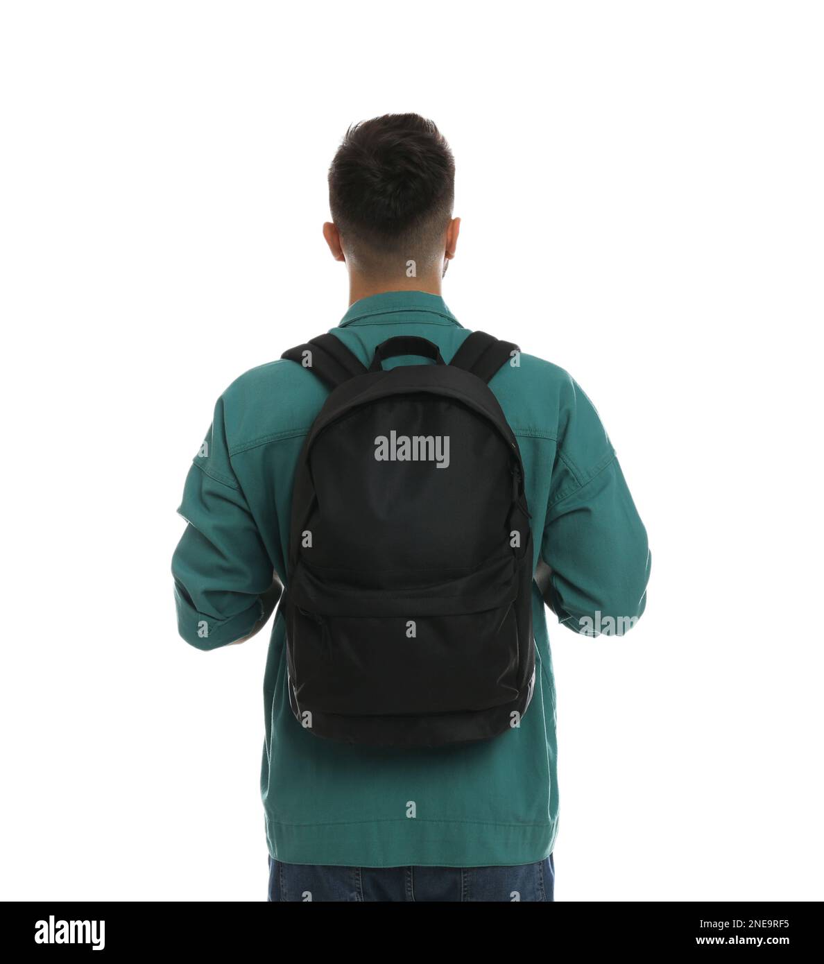 Young man with stylish backpack on white background, back view Stock ...