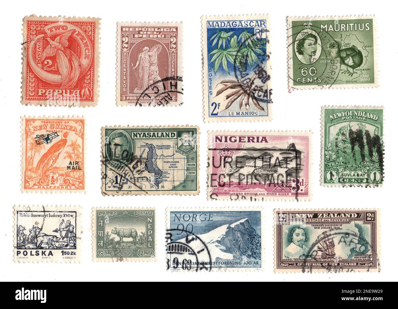 Vintage postage stamps from around the world isolated on a white