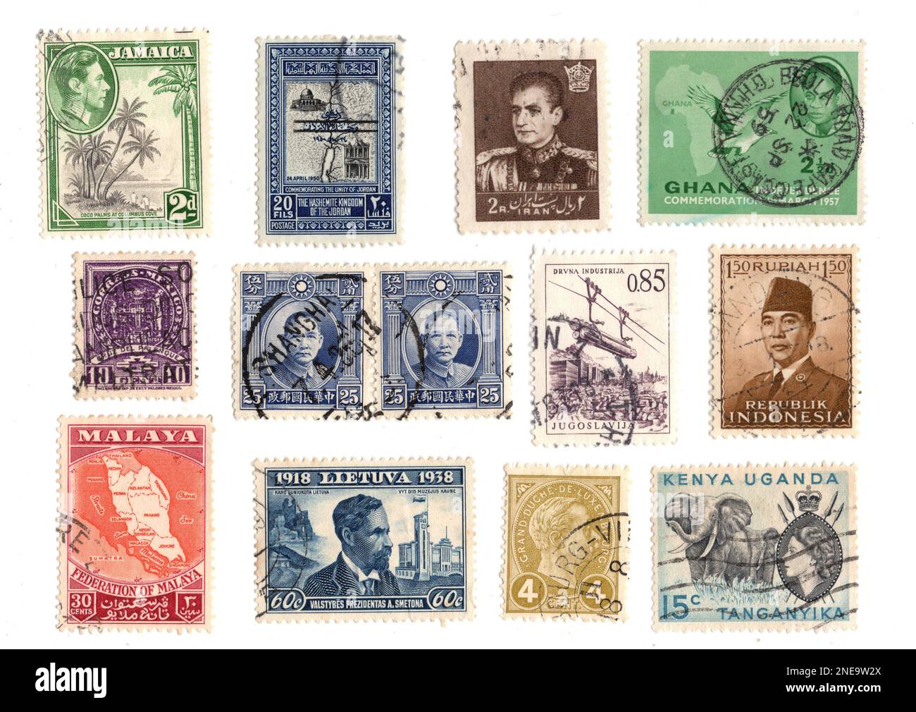 Vintage postage stamps from around the world isolated on a white