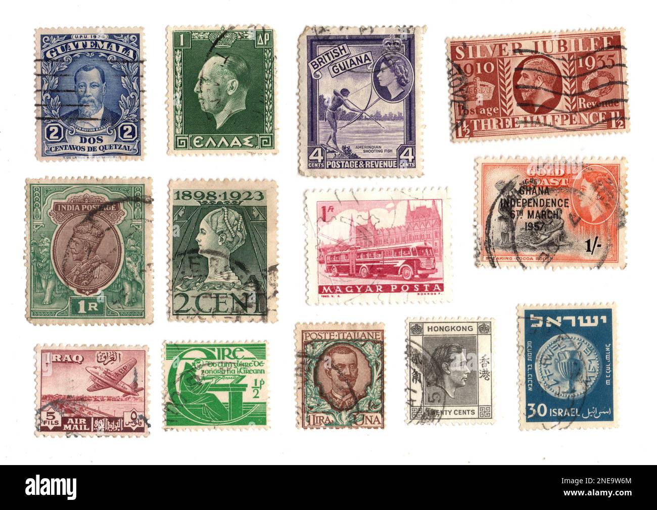 Vintage postage stamps from around the world isolated on a white