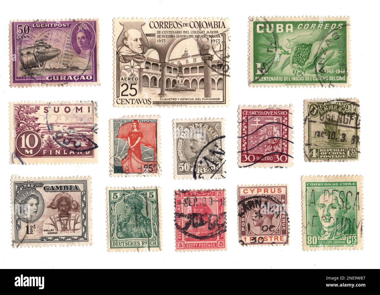Vintage postage stamps from around the world isolated on a white