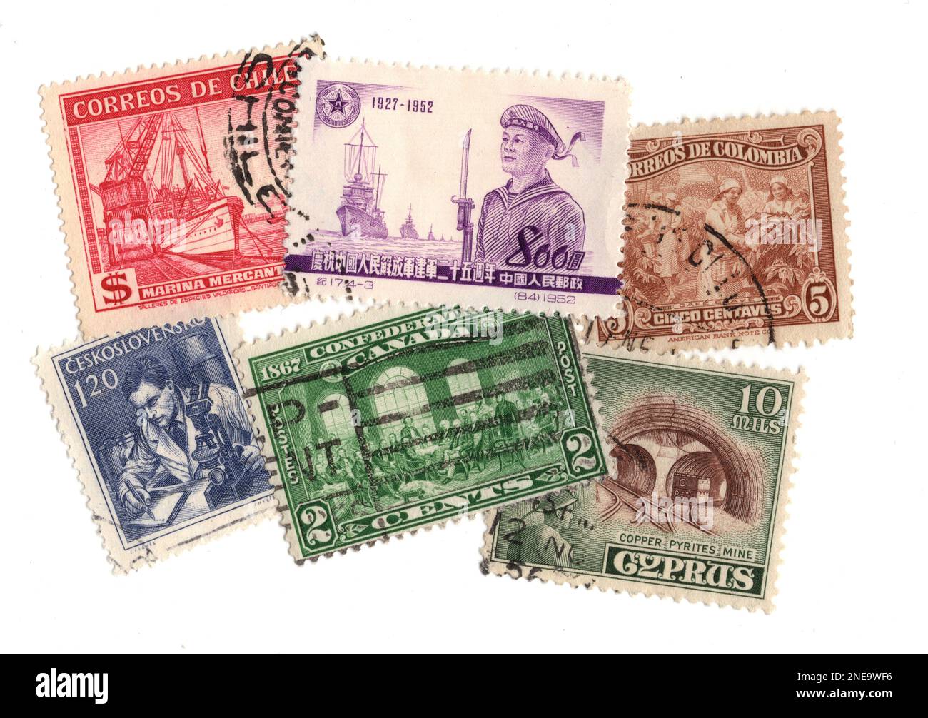 Vintage postage stamps from around the world isolated on a white