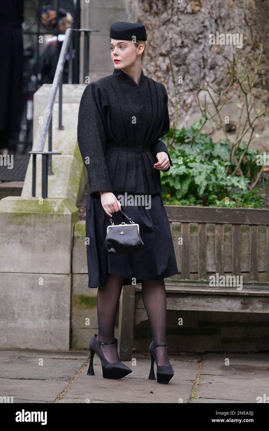 Elle Fanning arrives for a memorial service to honour and celebrate the life of fashion designer Dame Vivienne Westwood at Southwark Cathedral, London, who died aged 81 in December. Picture date: Thursday February 16, 2023. Stock Photo