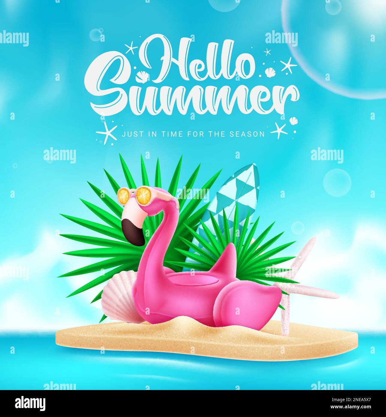 Hello summer vector design. Hello summer text with flamingo beach ...