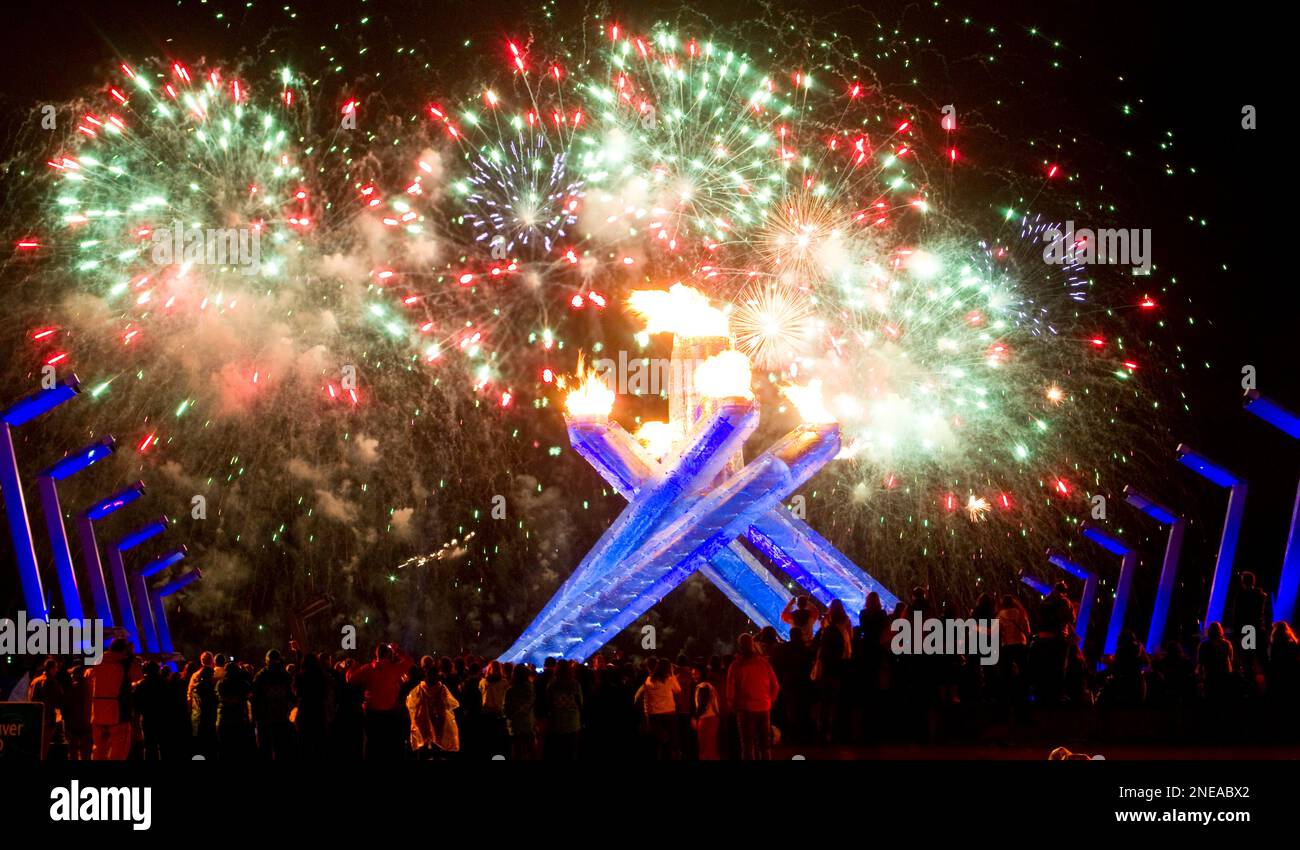 Fire Works explode after Wayne Gretzky lit the Olympic cauldron during ...