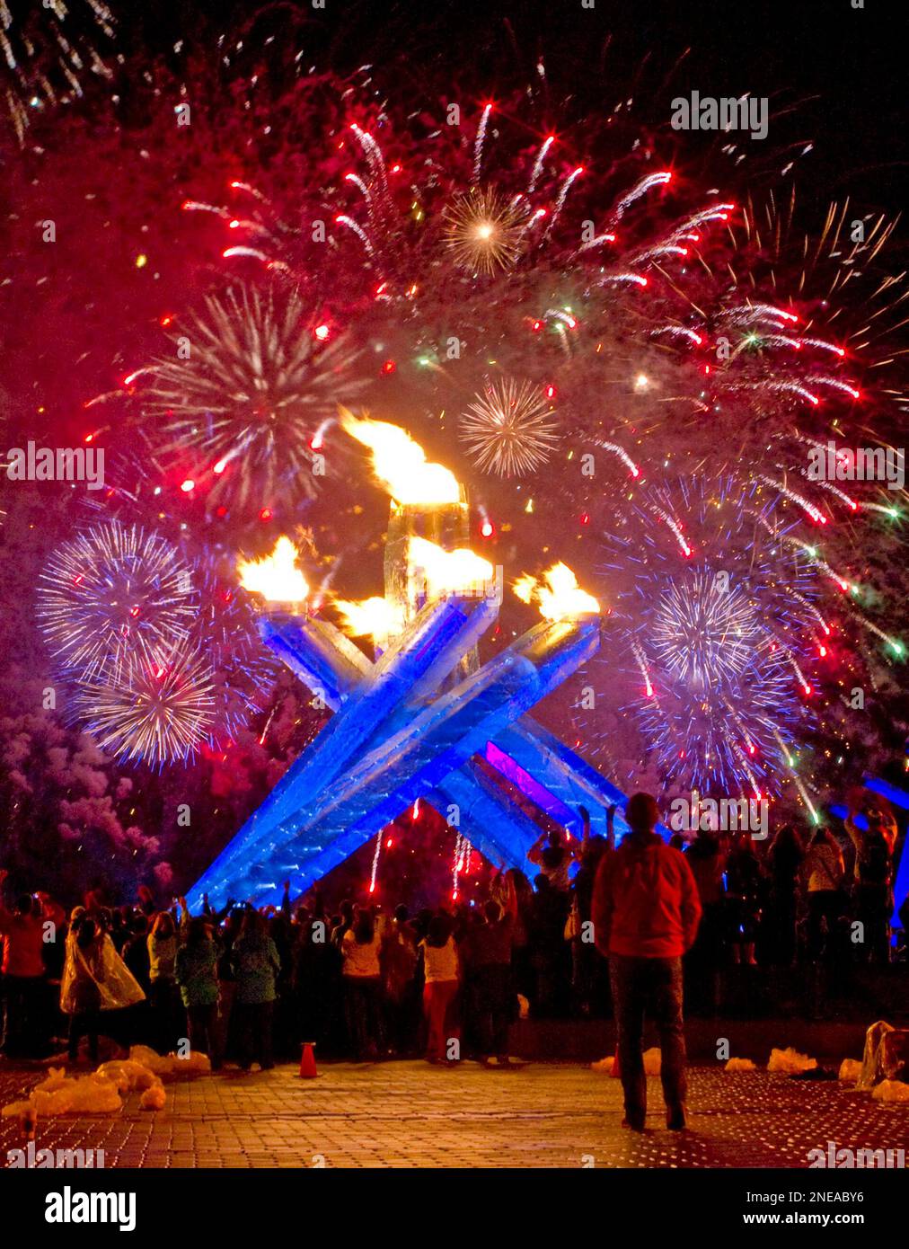 Fire Works explode after Wayne Gretzky lit the Olympic cauldron during ...
