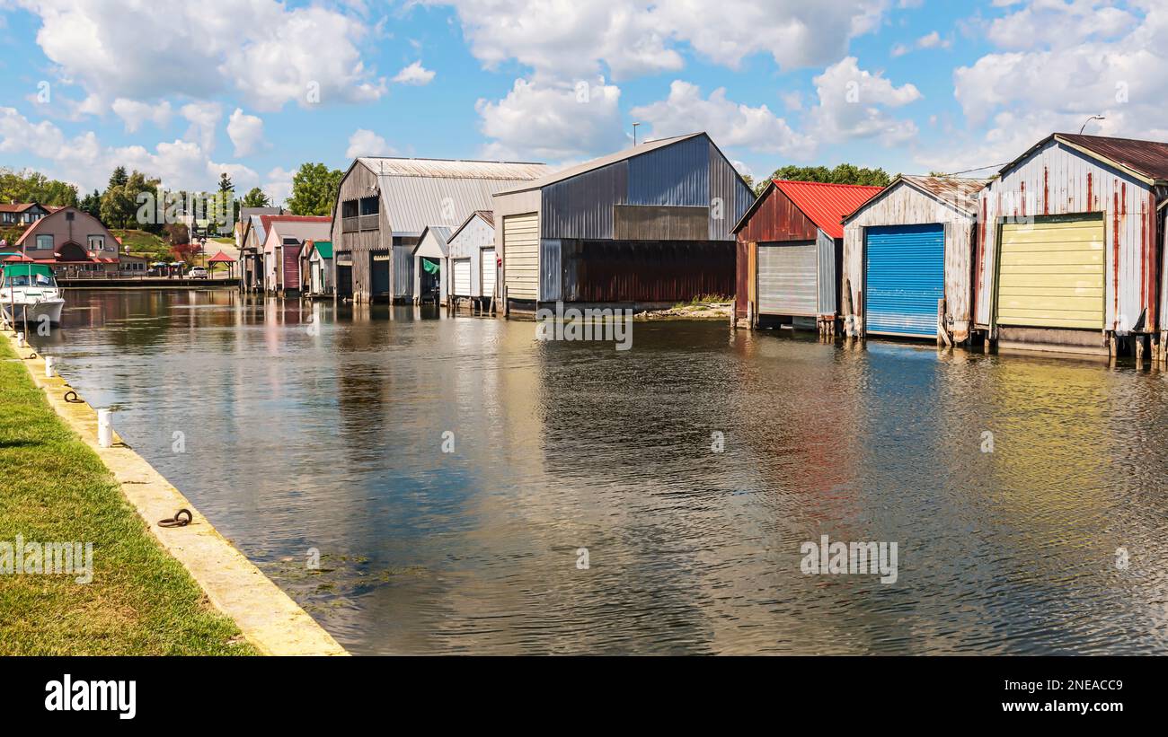 View at the boat houses at Port Rowan harbor on Lake Erie in Ontario