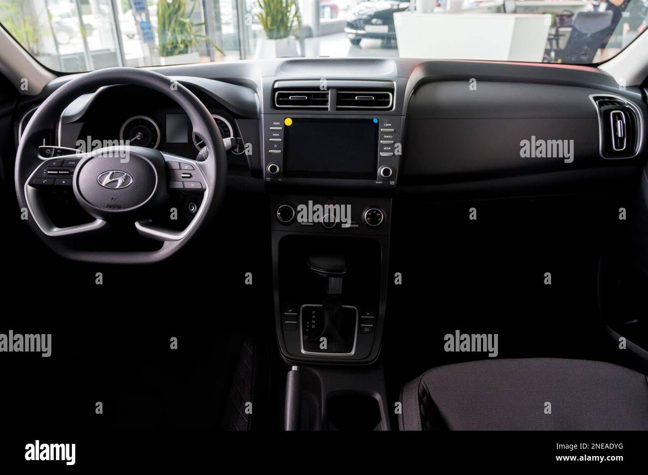 ROSTOVONDON, RUSSIA AUGUST 07, 2021Hyundai Creta, steering wheel, shift lever and dashboard