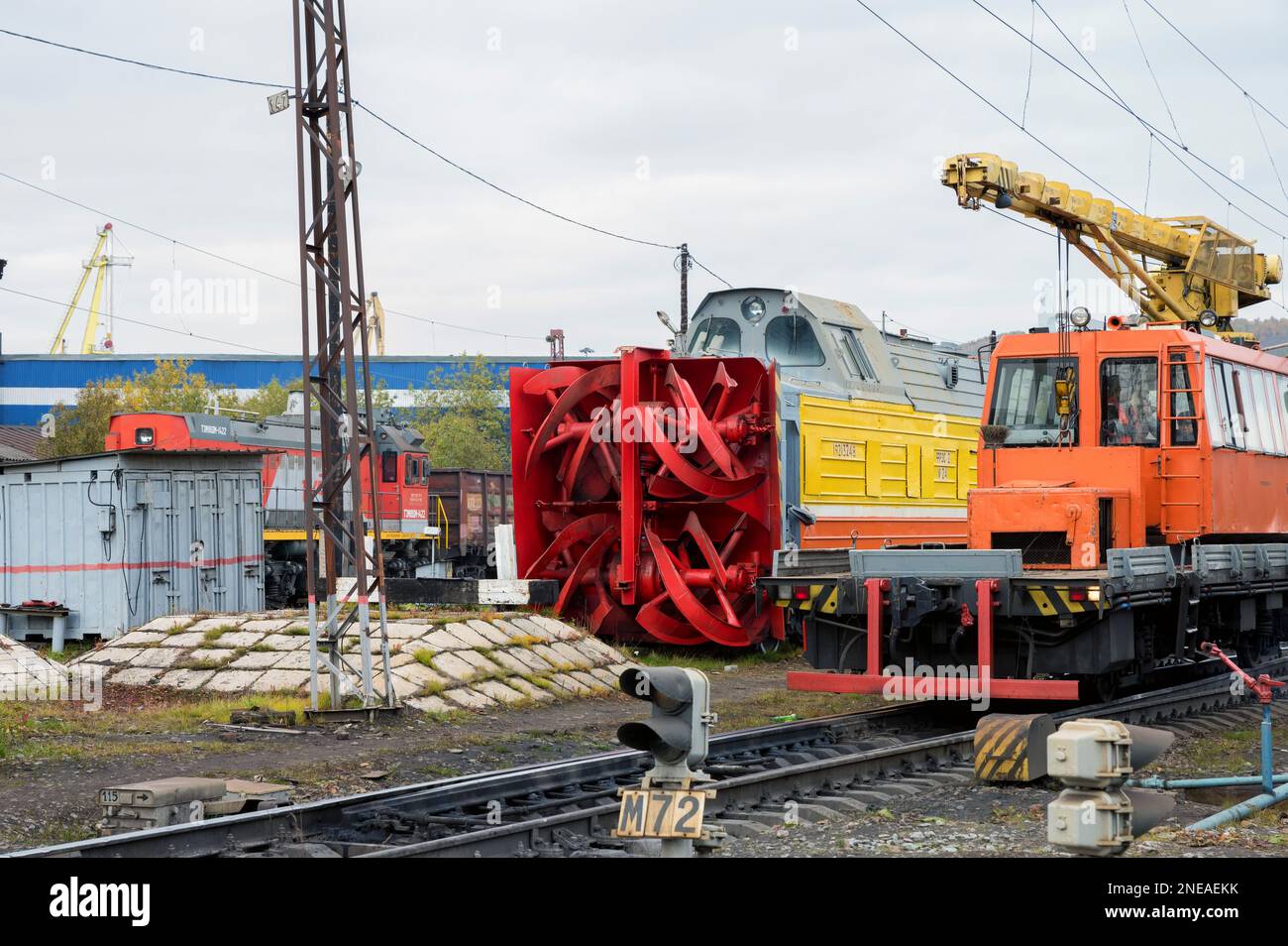 MURMANSK, RUSSIA - SEPTEMBER 17, 2021: View of milling-rotary electric snowplow.Snowplow train on railway tracks. Stock Photo